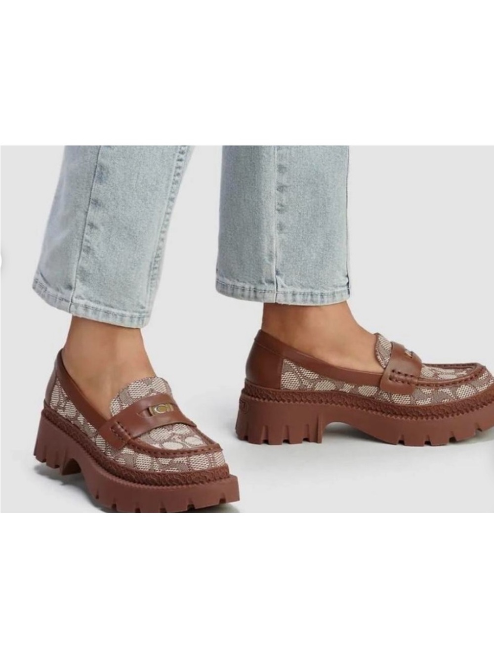 Coach Brown and Cream Chunky Lug Sole Loafers for Women